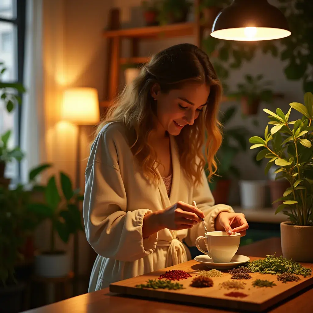 Teáskanál, amely gyógynövényeket adagol a teába, természetes háttérben